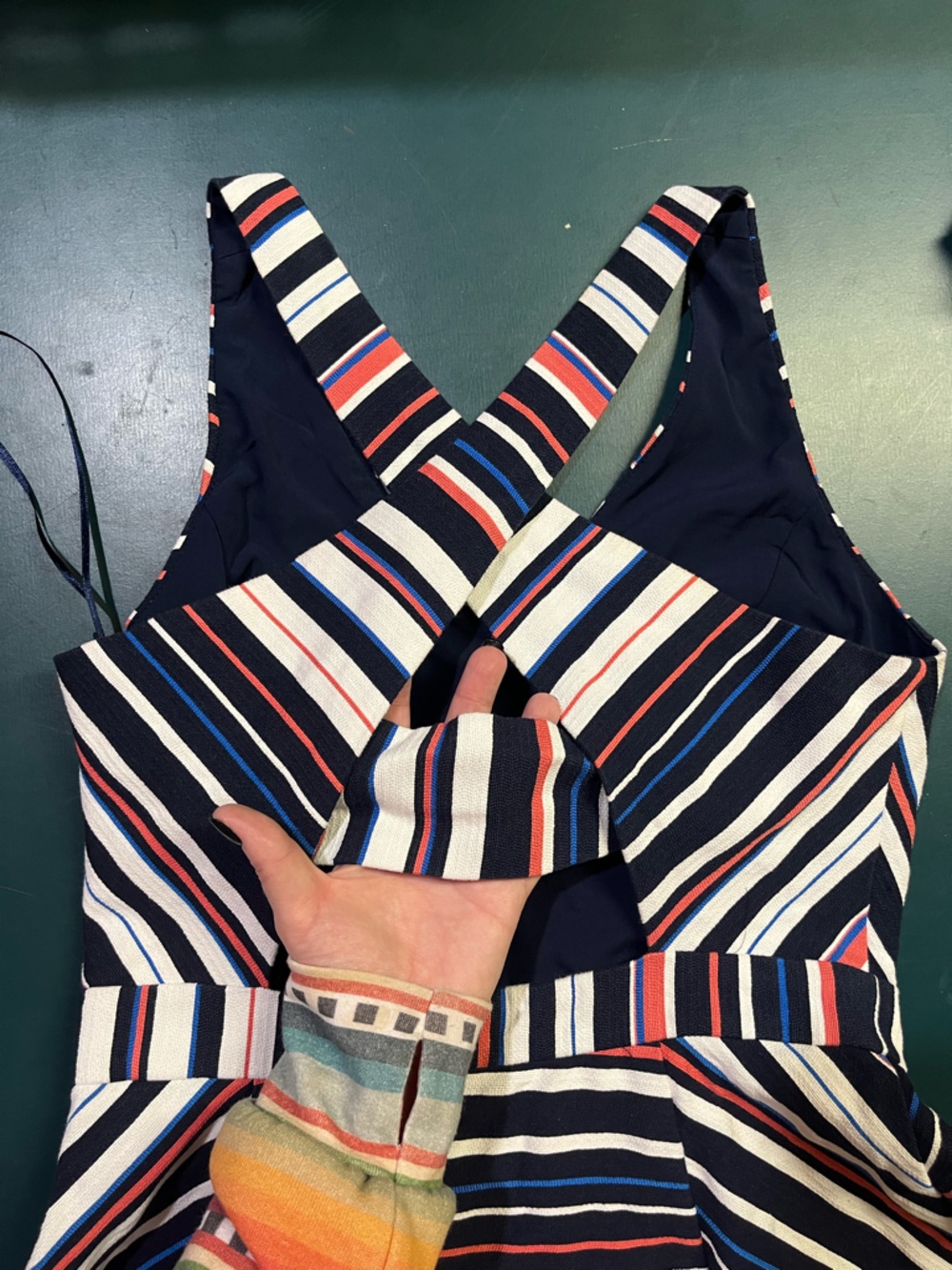 Adelyn Rae Striped V-Neck Fit & Flare Dress in Navy, White & Coral - Picture 9 of 9